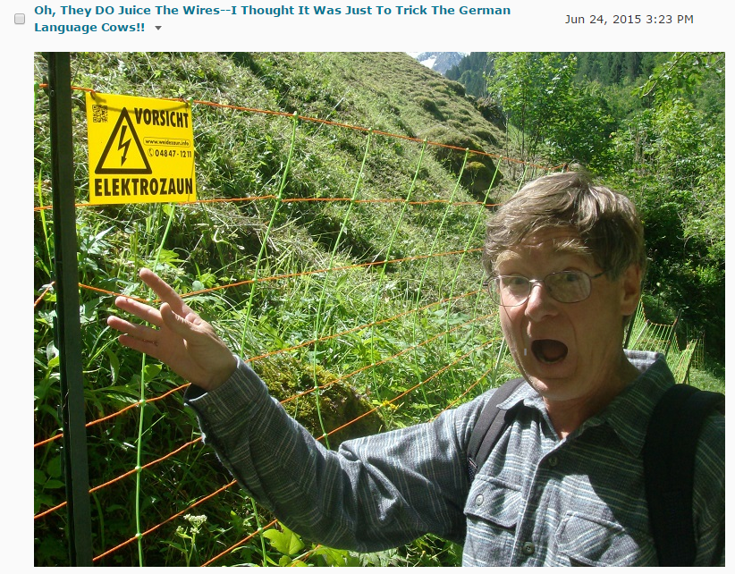 Fred Kolb makes a shocked face while pretending to touch an electrified fence.