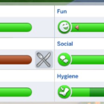 Screenshot from the game The Sims featuring a green meter for Bladder, Fun, Social, Energy, and Hygiene. Hunger is red, indicating that is a need for the Sim character.
