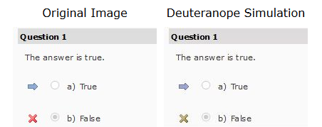 Screenshot of D2L quiz question that a student answered incorrectly. On the left, the red arrow looks red; on the right the arrow looks green.